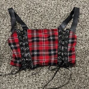 Plaid Red and Black Lace-Up Crop Top Small Petite NWT